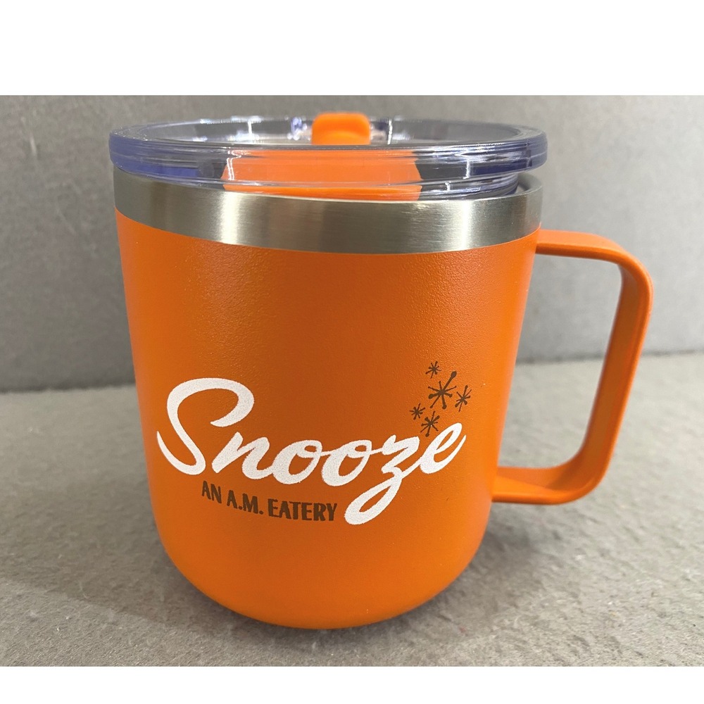 Snooze Coffee Mug AM Eatery Orange Stainless Insulated Lid 12oz Boulder CO